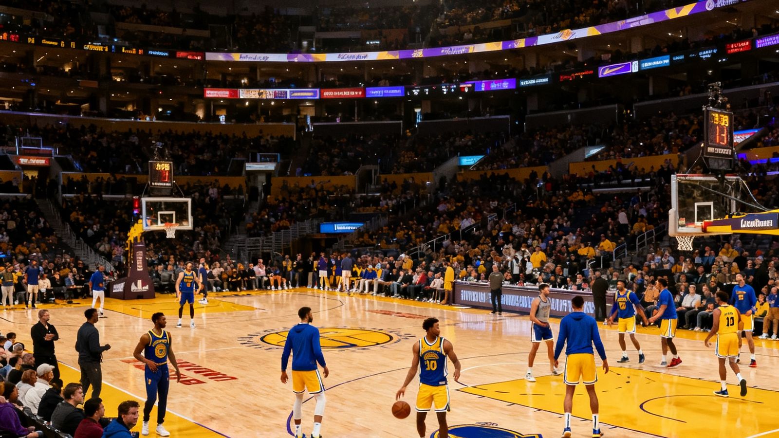 NBA篮球直播画面，湖人队和勇士队球员在场上热身，场馆内座无虚席